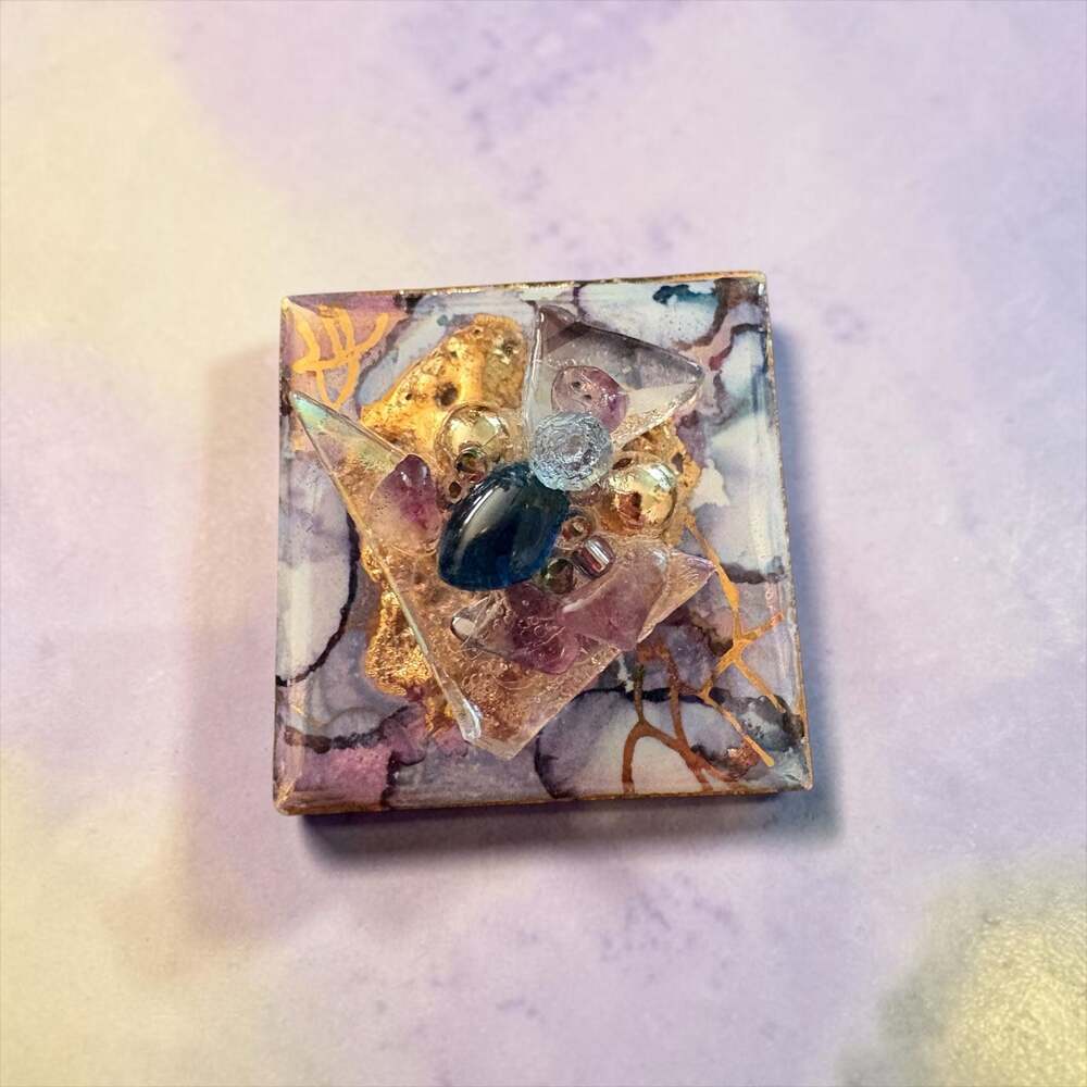 Artisanal Square Mixed Media Brooch with Gold Leaf, Resin, and Embedded Stones